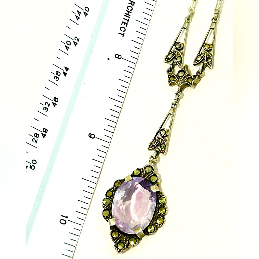 Vintage Marcasite & Amethyst Sterling Silver 925 Art Deco Gatsby Necklace - Picture 8 of 9
